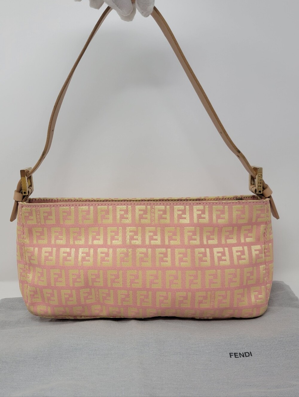 FENDI FF Zucchino Baguette Canvas Shoulder Bag